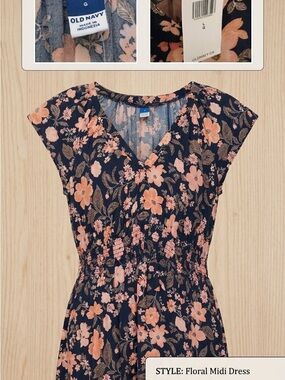 Old Navy Navy Floral V-Neck Midi Dress with Peach Flowers